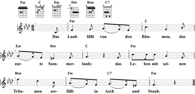 Das Laub fällt von den Bäumen, Liedtext und Gitarrenakkorden in F-Moll